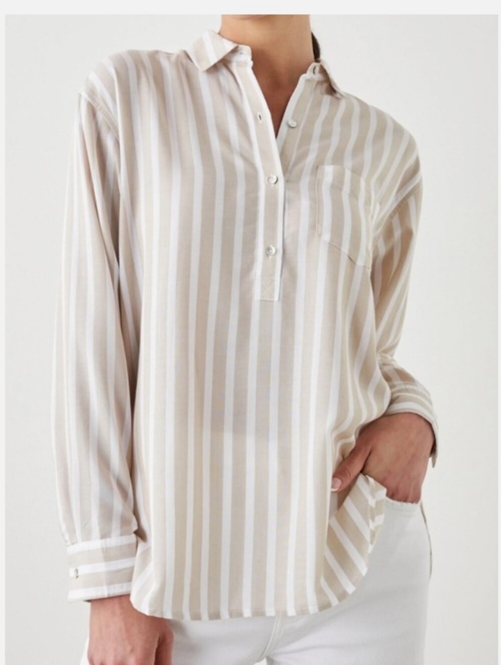 Rails Rails Elle Beige and White Stripe Button-Front Women's Shirt